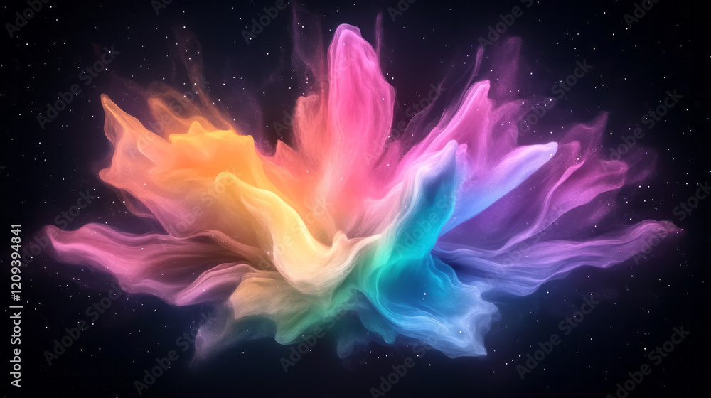 Poster a stunning abstract artwork with a colorful burst of light particles creating intricate patterns aga