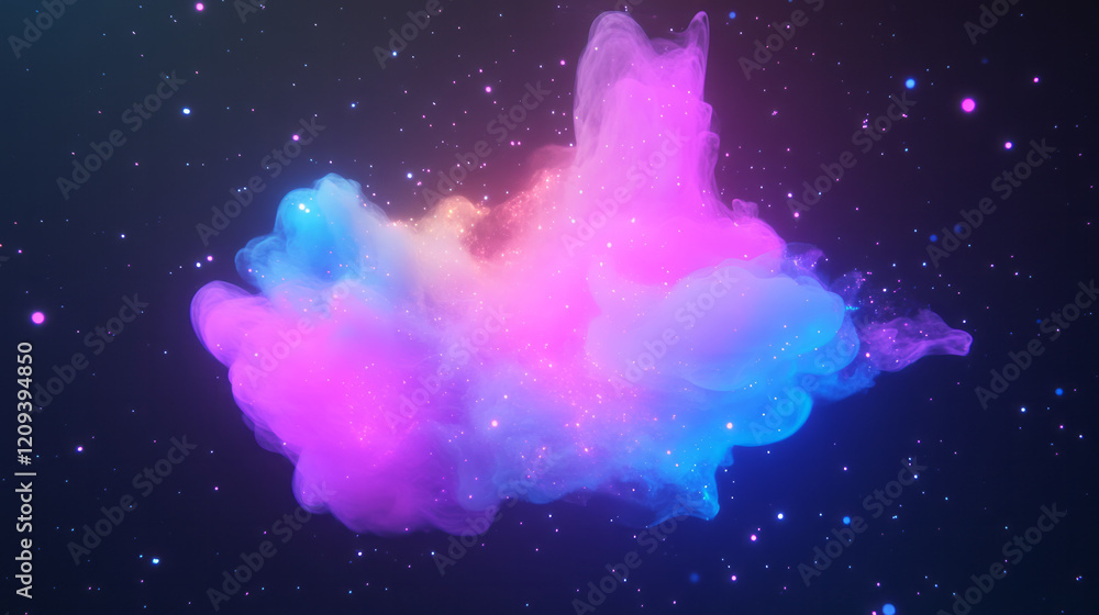 Poster A dynamic abstract composition showcasing a radiant burst of colorful light particles floating in a vast, dark space,