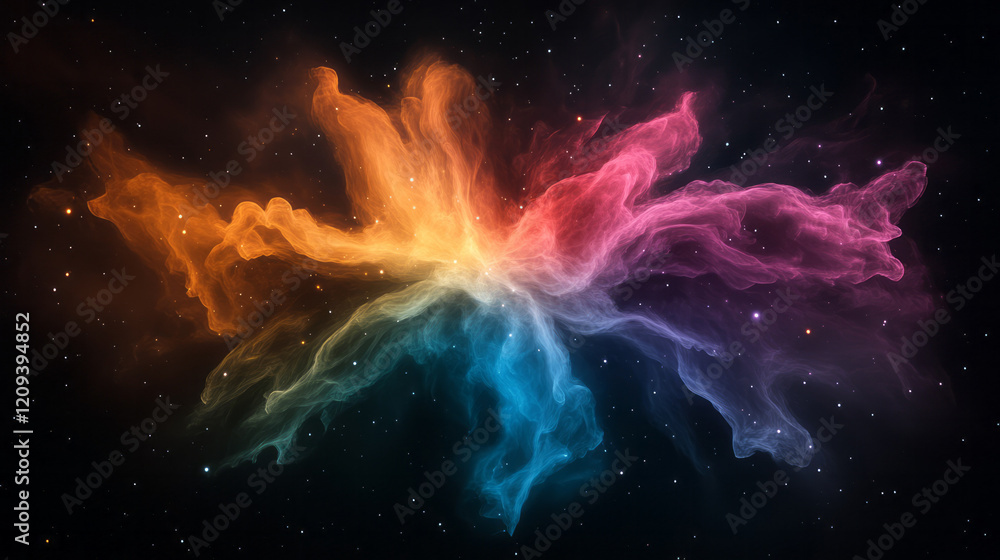 Poster a stunning abstract artwork with a colorful burst of light particles creating intricate patterns aga