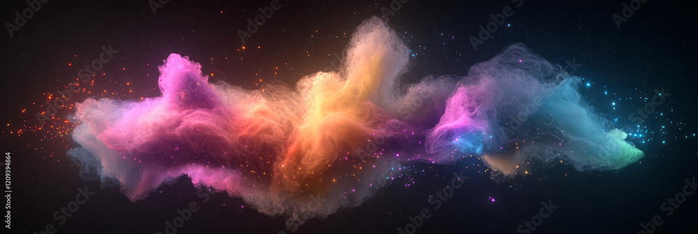 Aufkleber A captivating abstract scene with colorful light particles emanating from multiple points, creating a complex burst in space,