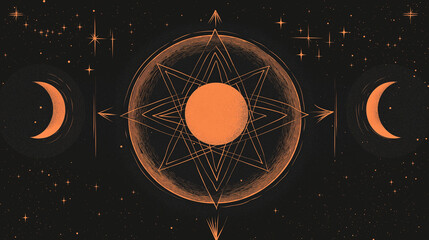 Ishtar star and moon phases within Wicca and Neopaganism theme on a dark cosmic background