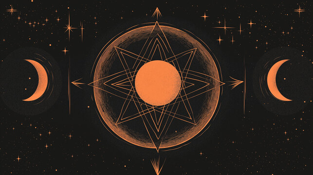 Ishtar star and moon phases within Wicca and Neopaganism theme on a dark cosmic background