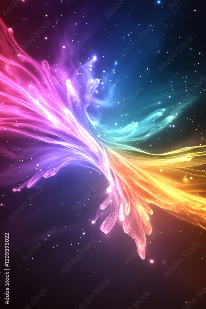 Fototapete a vibrant abstract explosion of multicolored light particles creating a swirling motion against a da