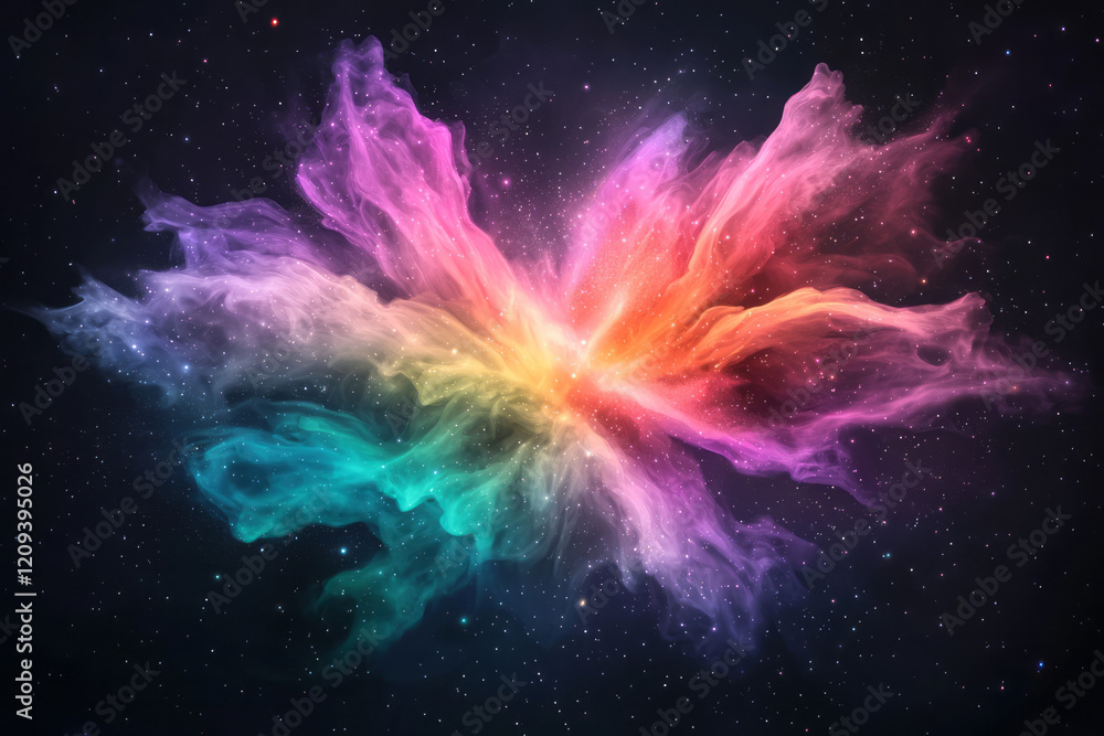 Poster an artistic depiction of a colorful burst of light particles forming intricate geometric shapes in a