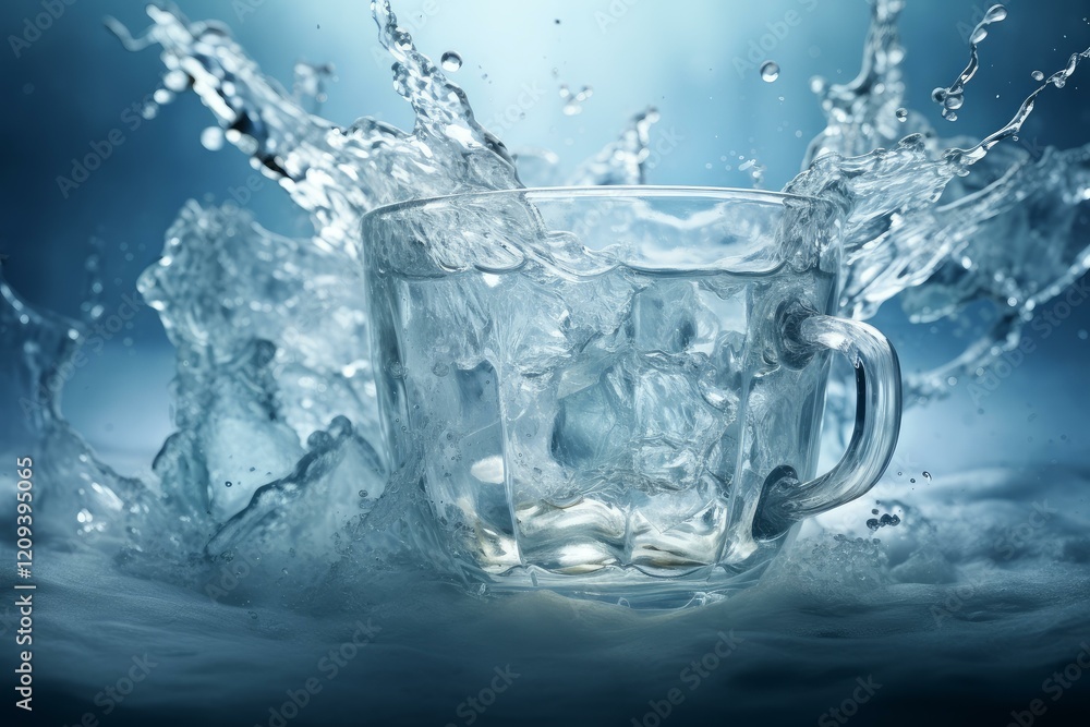 Aufkleber ice cubes splashing into a glass of water creating a refreshing splash on a blue background