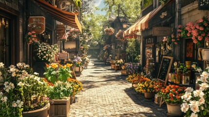 Obraz premium Charming flower market street filled with colorful blooms and cozy shops.