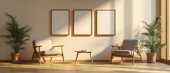 Sunny room, two chairs, three frames, plants