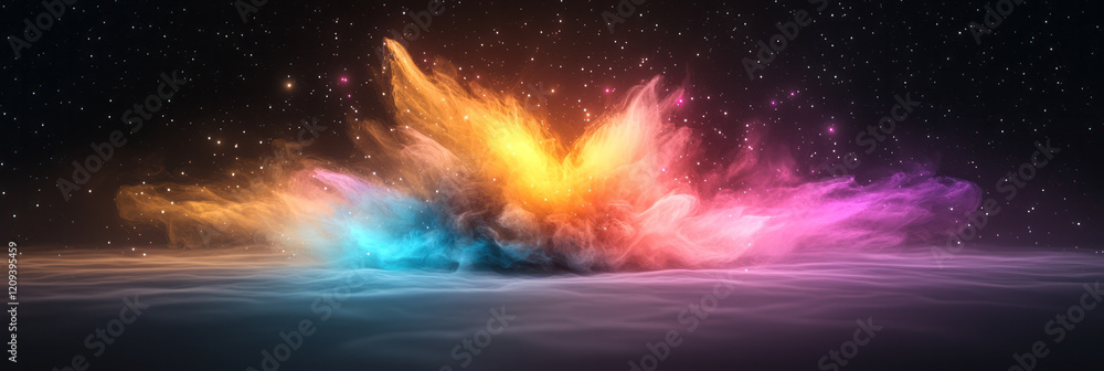 Poster a striking abstract scene with a burst of colorful light particles creating a halo effect in a minim