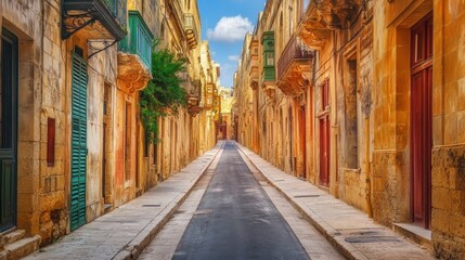 Fototapeta premium Charming narrow street in an old city, showcasing vibrant architecture and blue skies.