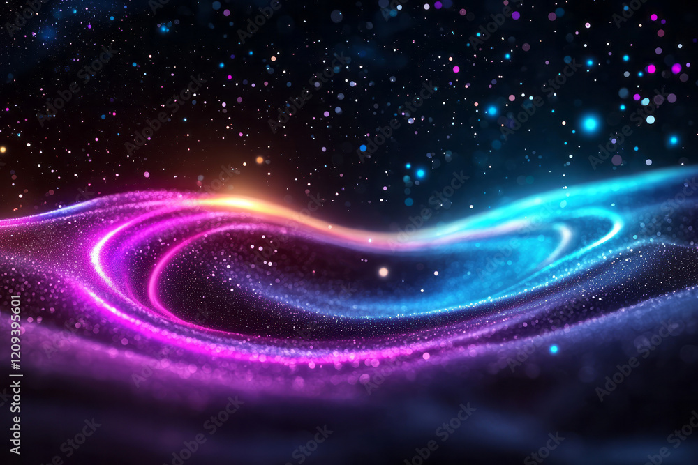 Poster a captivating abstract composition with a colorful explosion of light particles creating waves and r