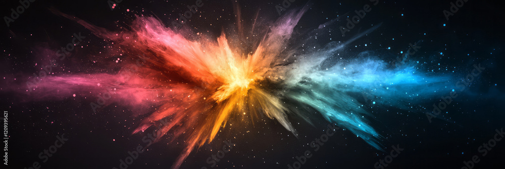 Poster an elegant abstract scene with a burst of vibrant light particles in rainbow colors radiating from a