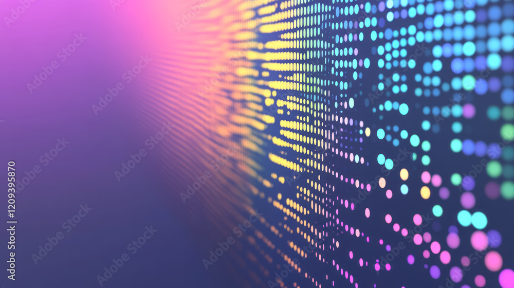 Poster a sleek digital artwork of colorful pixels forming radiant circular gradients in neon green and purp
