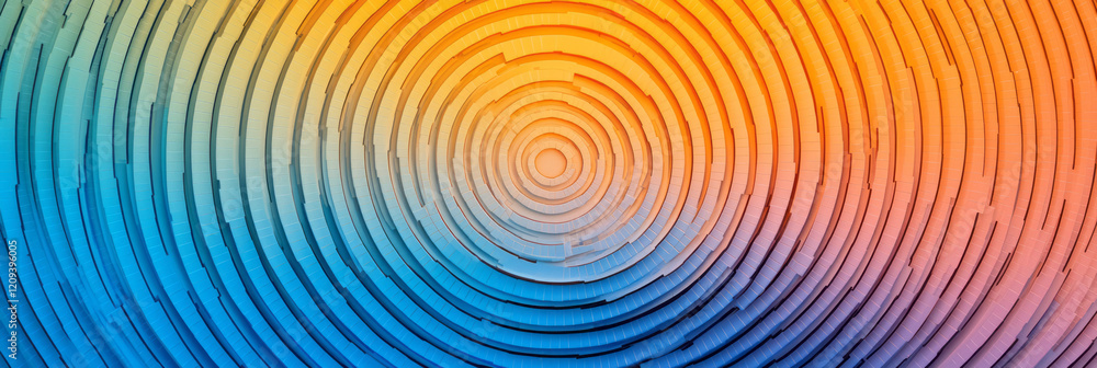 Aufkleber an abstract digital pixel artwork with radiant circular gradients in neon orange and blue, creating 