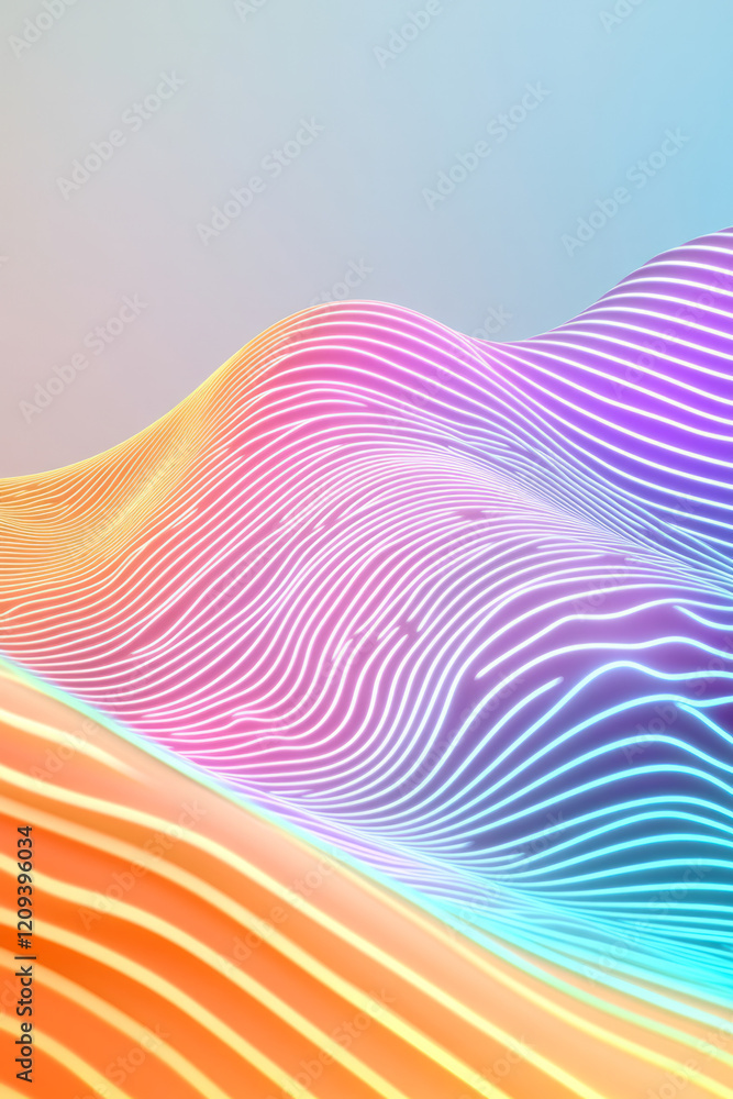 Poster A futuristic digital design showcasing colorful pixelated waves with radiant circular gradients in neon pink and teal tones, adding depth and dimension,