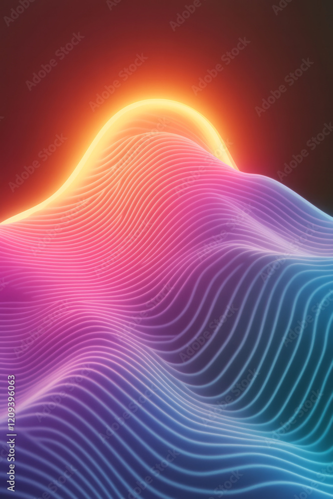 Poster a futuristic digital design showcasing colorful pixelated waves with radiant circular gradients in n