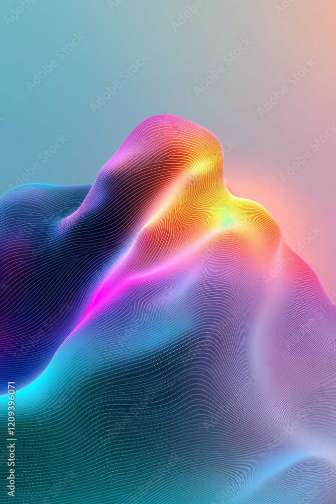 Poster a futuristic digital design showcasing colorful pixelated waves with radiant circular gradients in n