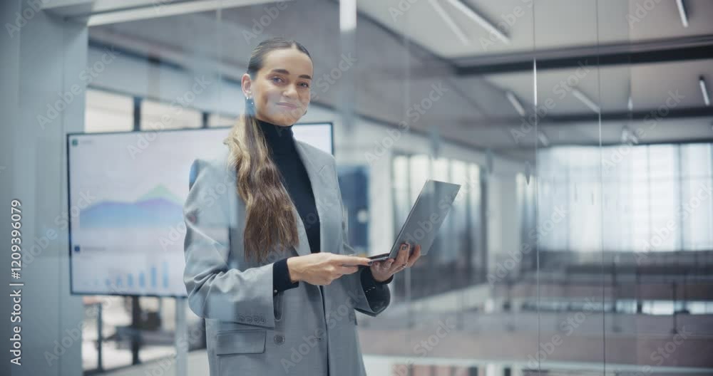 Poster smiling caucasian woman connecting with clients online on a laptop. portrait of a young female manag