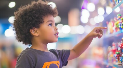 Fototapeta premium Curious child exploring toy store in superhero t-shirt