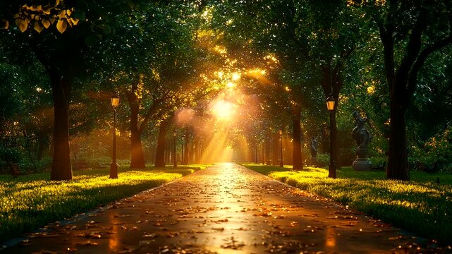 Sunlight filtering through lush green trees on a park path, seamless looping 4k time-lapse animation video background. Nature serenity concept