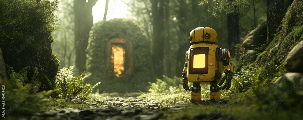 Poster a lone robot explorer uncovering a hidden alien portal that leads to a parallel universe.
