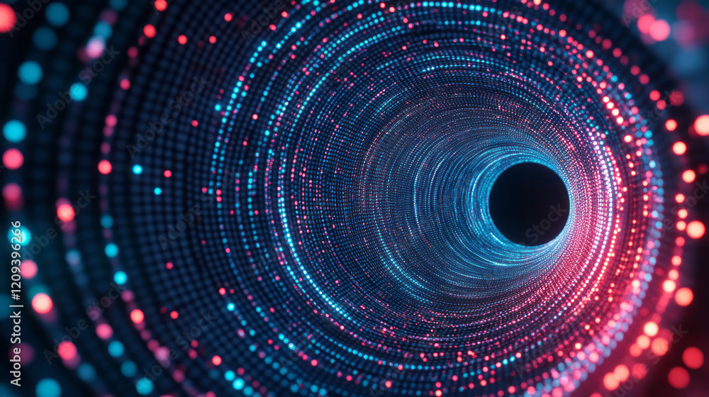 Poster An abstract digital design featuring colorful pixel bursts with radiant circular gradients in neon red and blue, emphasizing energy and motion,