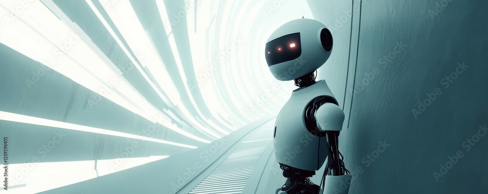 Poster a lone robot explorer uncovering a hidden alien portal that leads to a parallel universe.