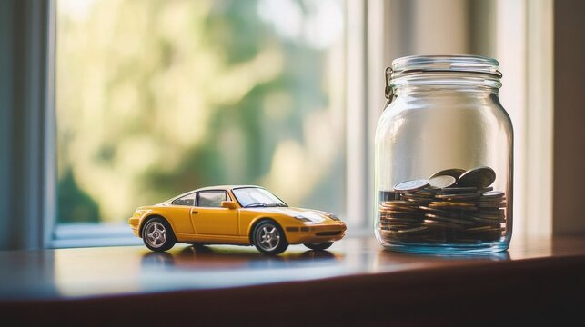 Yellow Toy Car and Jar of Coins on Table