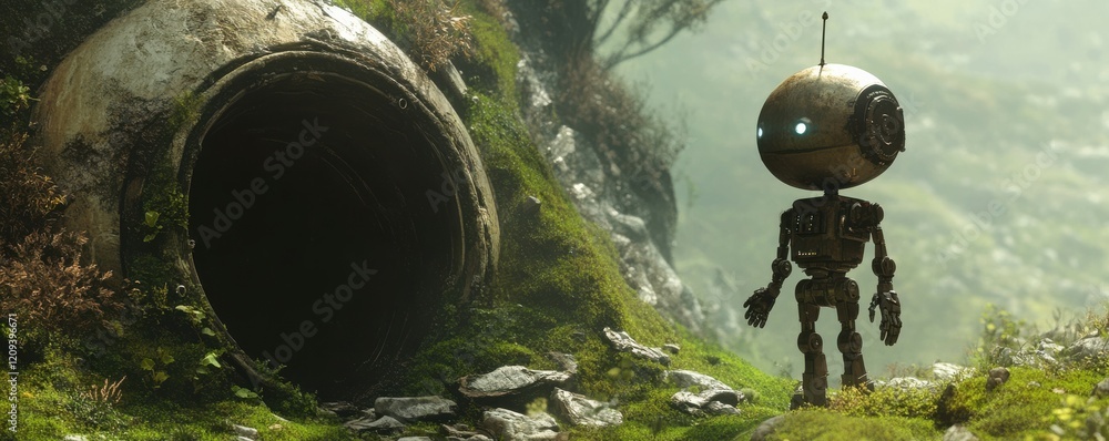 Poster a lone robot explorer uncovering a hidden alien portal that leads to a parallel universe.