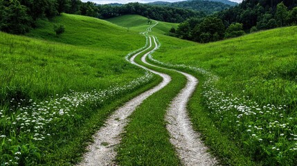 Obraz premium Winding country road through green hills and wildflowers. Use Travel brochure