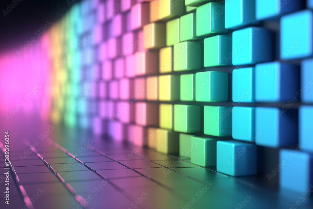 Poster a futuristic abstract 3d structure of stacked squares in vivid neon colors like lime green, electric