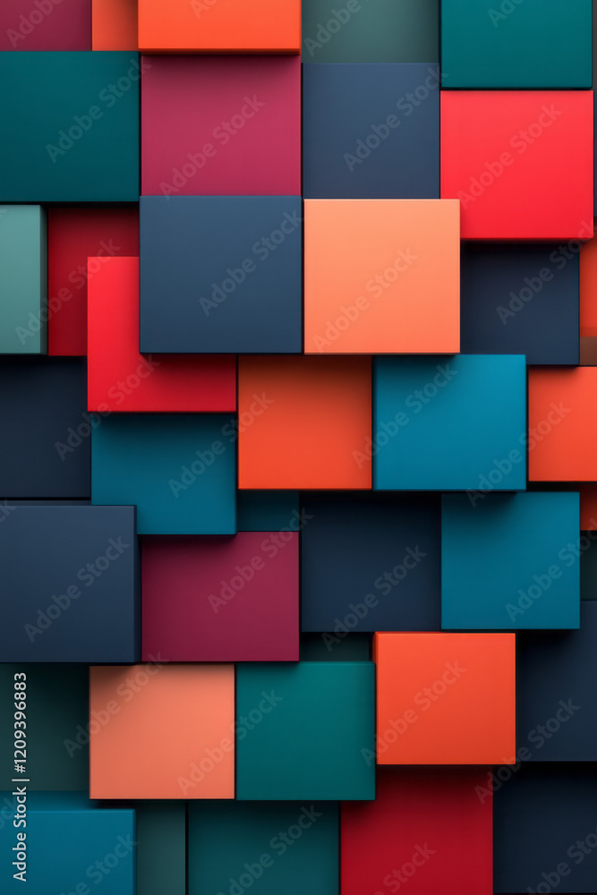 Poster a bold abstract 3d geometric pattern of stacked squares in vibrant shades of red, blue, and green, e
