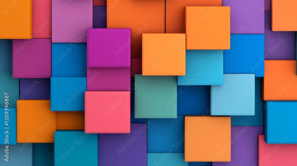 Aufkleber an artistic abstract 3d geometric design featuring stacked squares in vibrant hues of coral, indigo,