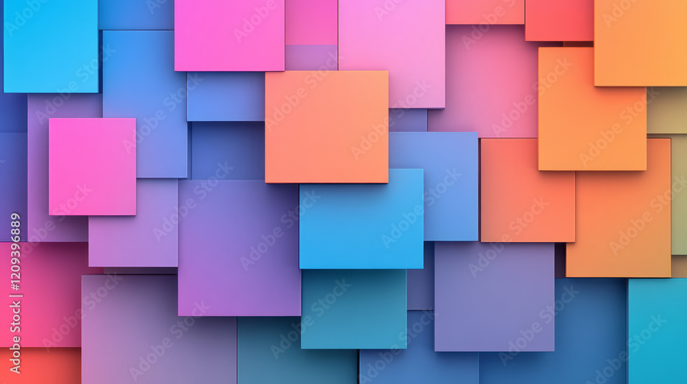 Poster an artistic abstract 3d geometric design featuring stacked squares in vibrant hues of coral, indigo,