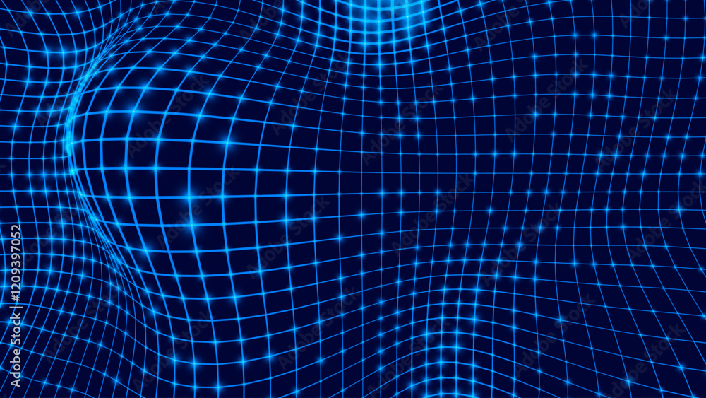 Aufkleber Blue Digital Distorted Grid. Retrowave Technology, Science, Game Background. Wireframe Grid with Glow Lights Banner, Wallpaper, Print. Vector Illustration.