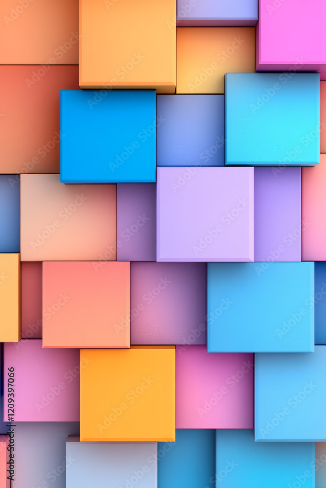 Poster a modern abstract 3d geometric composition of stacked squares in lively colors such as neon pink, el
