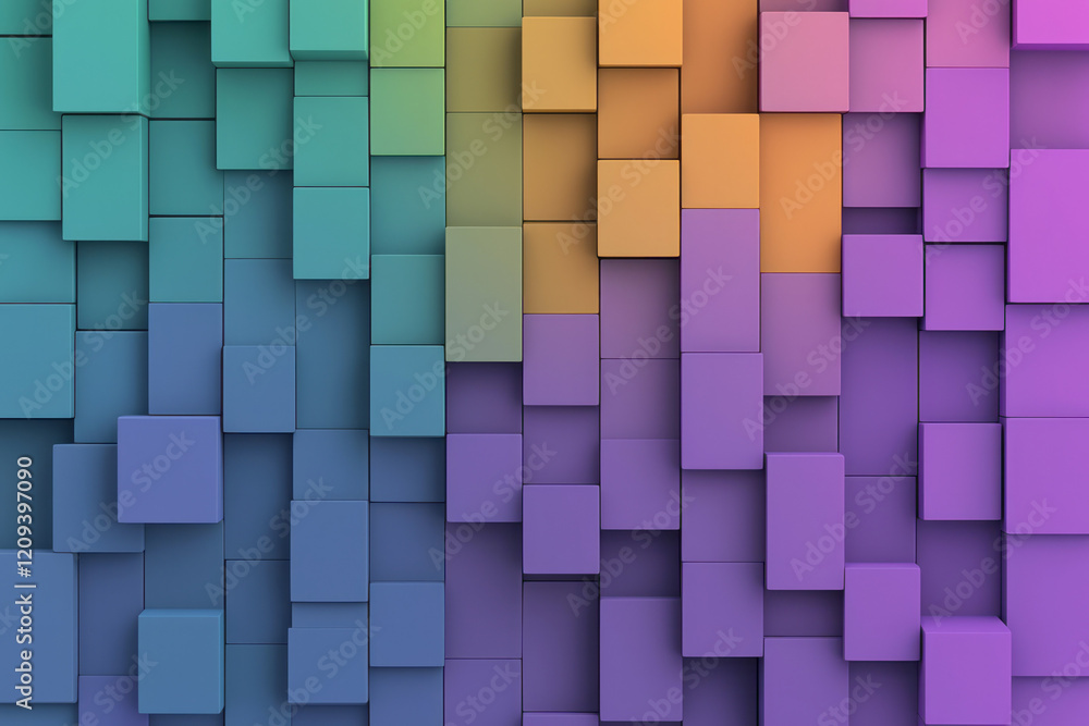 Fototapete a sophisticated abstract 3d structure of stacked squares in vibrant shades of purple, green, and gol