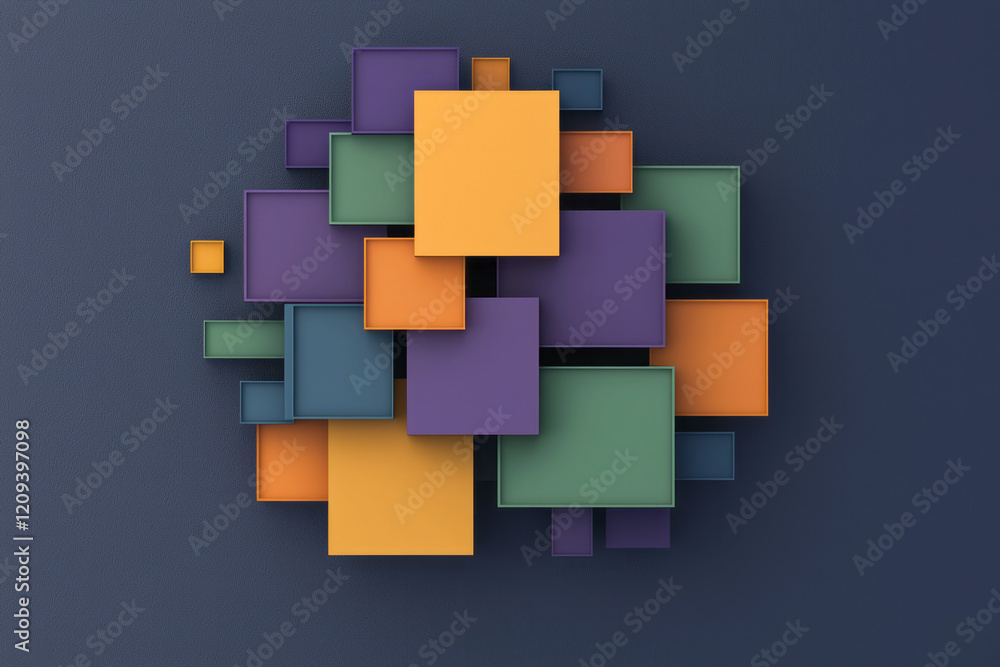 Poster a sophisticated abstract 3d structure of stacked squares in vibrant shades of purple, green, and gol