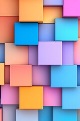 A modern abstract 3D geometric composition of stacked squares in lively colors such as neon pink, electric blue, and bright orange, creating depth and dimension,