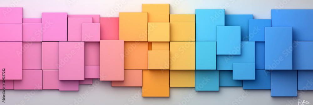 Poster a striking abstract 3d geometric structure of stacked squares in vibrant hues of blue, pink, and yel
