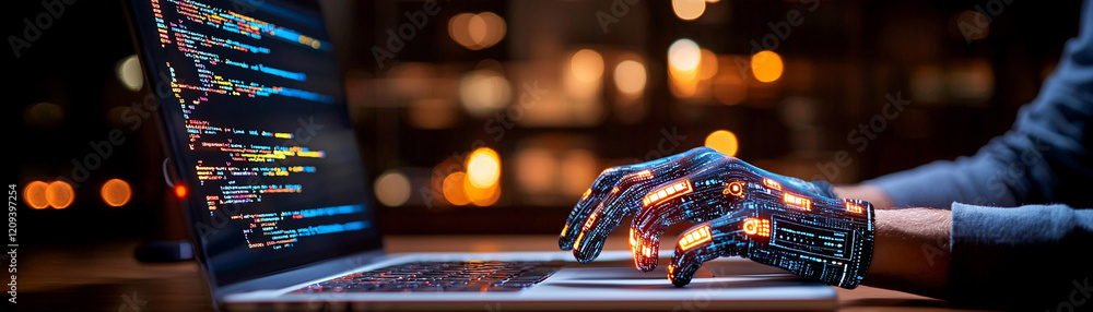Poster ai generates innovative code at tech hub futuristic workspace digital art urban environment