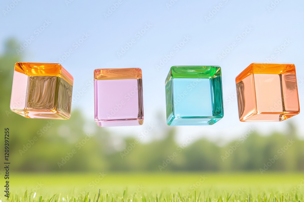 Leinwandbilder a serene scene of floating colored glass squares with soft focus, creating a dreamy and ethereal atm