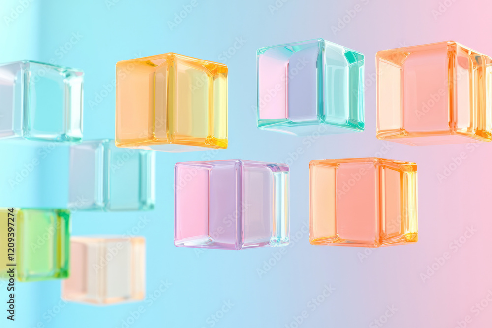 Poster a serene scene of floating colored glass squares with soft focus, creating a dreamy and ethereal atm