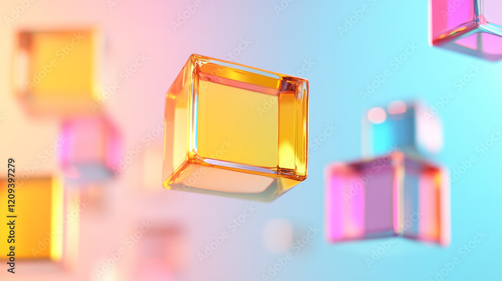Poster a captivating abstract image of colorful glass squares floating gracefully with a soft focus effect,