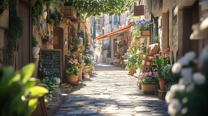 Fototapeta premium Charming street filled with flowers and cozy shops in a picturesque village alley.