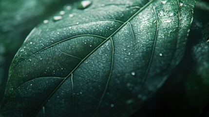 Fototapeta premium A close-up macro shot of a fresh green leaf with soft light highlighting its vein patterns. The surface has a smooth texture with faint water droplets glistening. Photorealistic 4K quality.