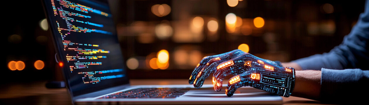 Ai generates innovative code at tech hub futuristic workspace digital art urban environment