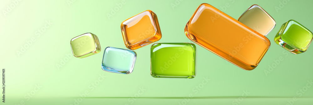 Poster a modern abstract scene featuring brightly colored glass squares floating against a softly focused g