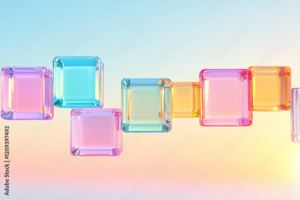 Poster an ethereal image of shimmering colored glass squares suspended in the air with a soft, blurred back