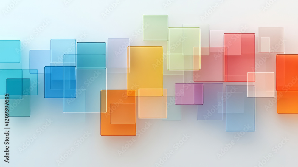 Aufkleber An elegant display of floating glass squares in vibrant colors against a softly blurred white background, emphasizing simplicity and grace,