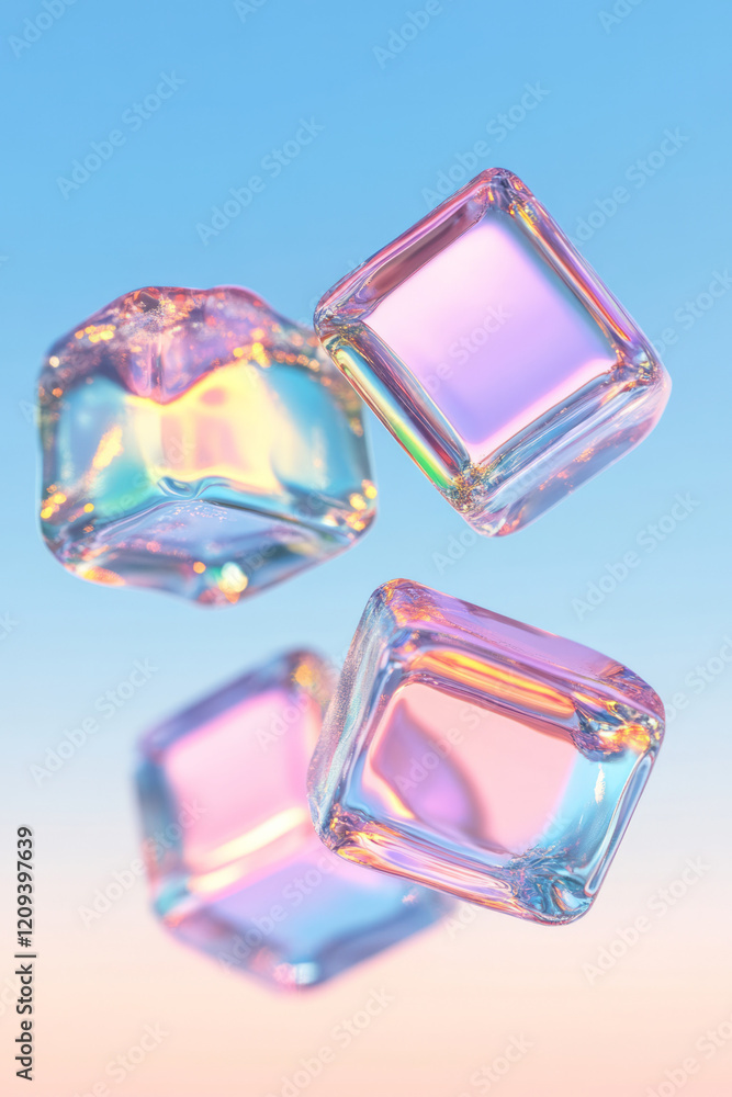 Poster an artistic depiction of vibrant glass squares floating in a softly blurred environment, enhancing t